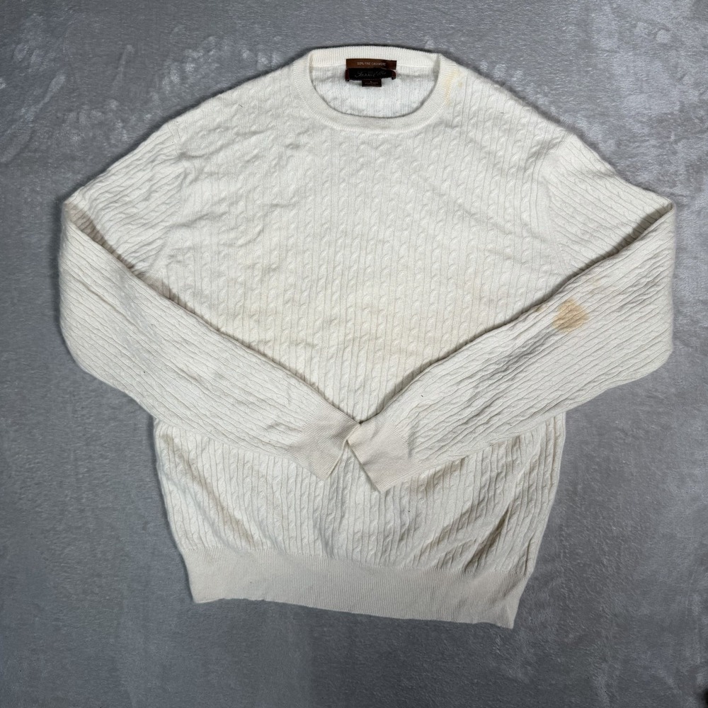 Tasso Elba Mens L 100% Cashmere Cable Knit Sweater Ivory Cream Crewneck
